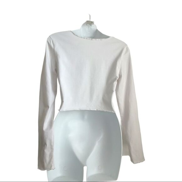 Shein Lettuce Edge Ruched Long Sleeve Baby Tee Crop Top White Large - Picture 8 of 12